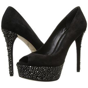 B Brian Atwood Women's 9.5 Size Black Crystal Suede Platform Pumps Heel Shoes